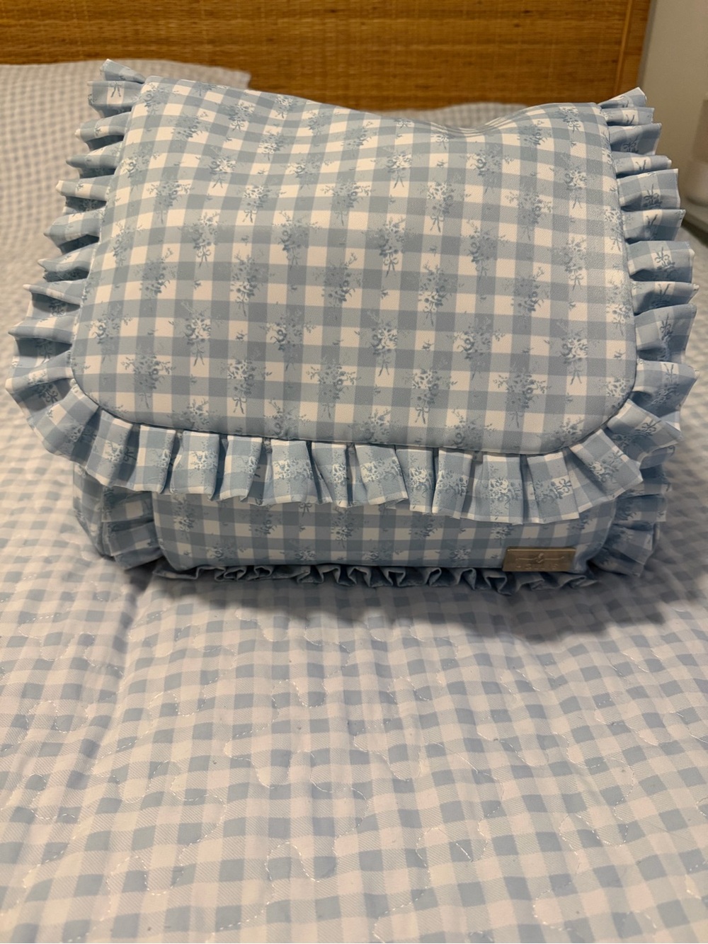 Hollis blue floral ruffled diaper bag